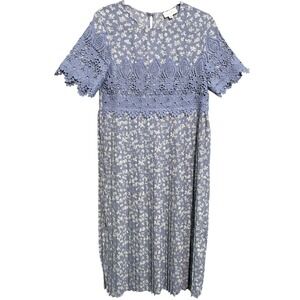 Saving Paige Floral Lace Pleated Midi‎ Dress Women's Size S Blue Modest Dainty